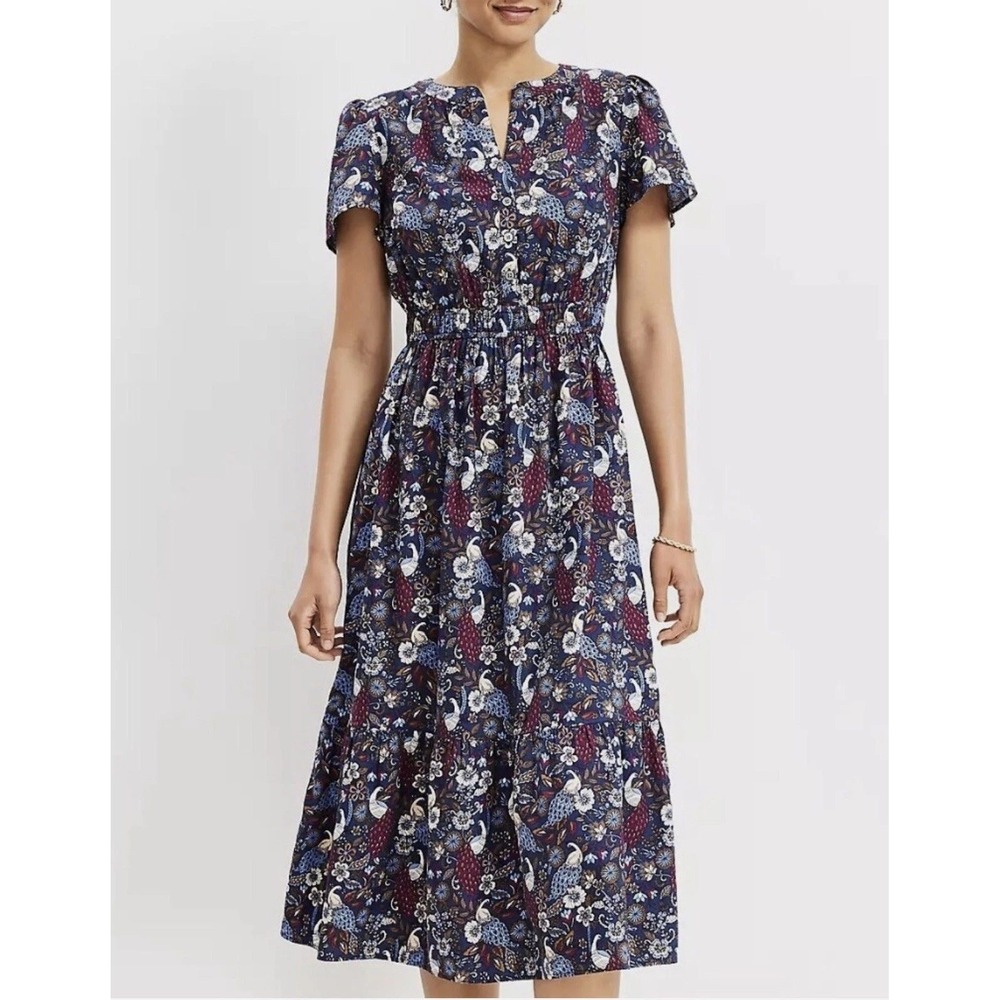 LOFT Midi Dress Petite Small Blue Peacock Blue Purple Short Sleeve‎
